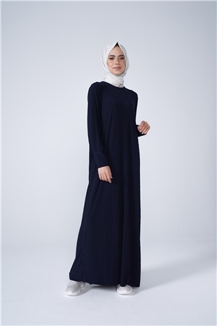 Kol Manşetli Bisiklet Yaka Piliseli Beyzi Uzun Elbise Lacivert