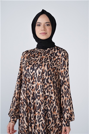 Leopar Desen Mikro Kumaş Uzun Vera Elbise Siyah