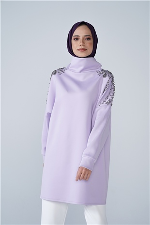Omuz Taş İşlemeli Yüksek Yaka Diamond Tunik Lila