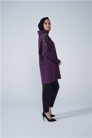 Omuz Taş İşlemeli Yüksek Yaka Diamond Tunik Mor