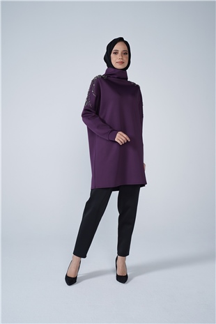 Omuz Taş İşlemeli Yüksek Yaka Diamond Tunik Mor