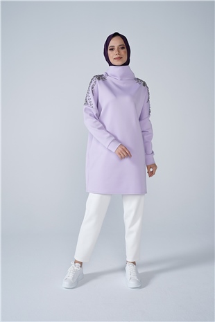 Omuz Taş İşlemeli Yüksek Yaka Diamond Tunik Lila