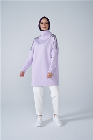 Omuz Taş İşlemeli Yüksek Yaka Diamond Tunik Lila