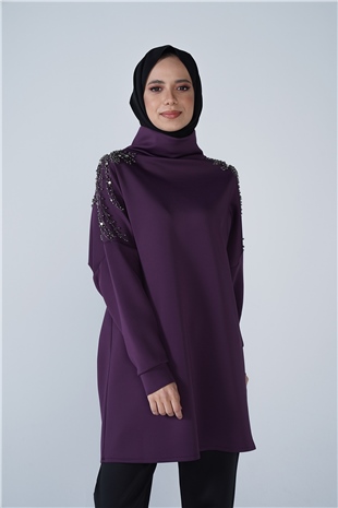 Omuz Taş İşlemeli Yüksek Yaka Diamond Tunik Mor