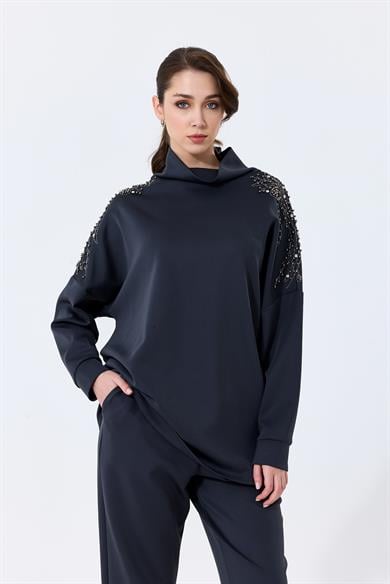 Omuz Taş İşlemeli Yüksek Yaka Diamond Tunik Antrasit
