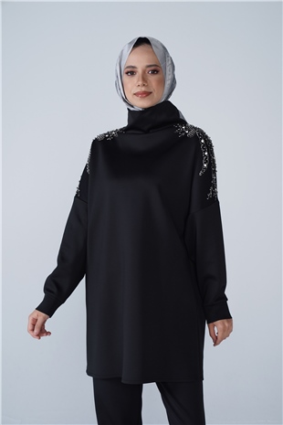 Omuz Taş İşlemeli Yüksek Yaka Diamond Tunik Siyah