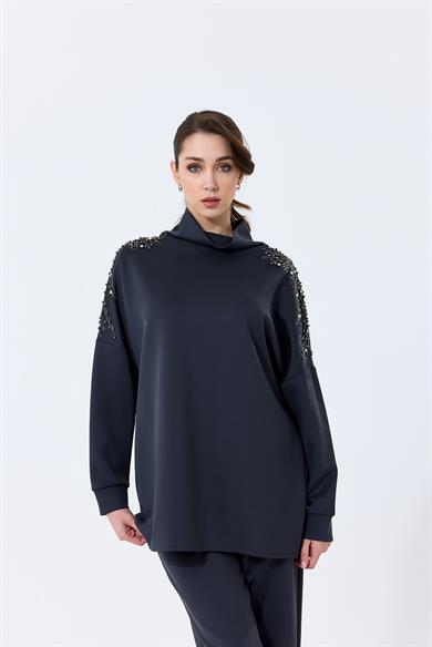 Omuz Taş İşlemeli Yüksek Yaka Diamond Tunik Antrasit