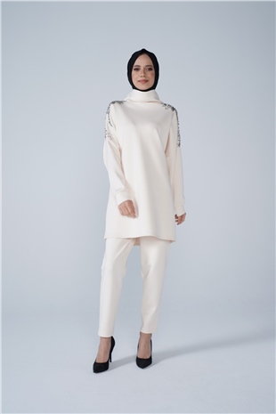 Omuz Taş İşlemeli Yüksek Yaka Diamond Tunik Vanilya