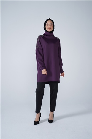 Omuz Taş İşlemeli Yüksek Yaka Diamond Tunik Mor