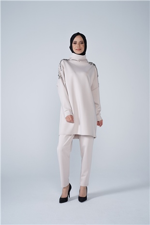 Omuz Taş İşlemeli Yüksek Yaka Diamond Tunik Taş