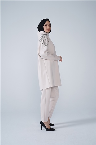 Omuz Taş İşlemeli Yüksek Yaka Diamond Tunik Taş