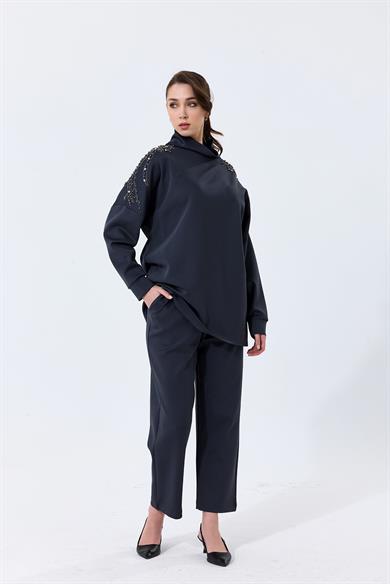 Omuz Taş İşlemeli Yüksek Yaka Diamond Tunik Antrasit