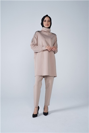 Omuz Taş İşlemeli Yüksek Yaka Diamond Tunik Vizon