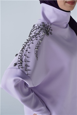 Omuz Taş İşlemeli Yüksek Yaka Diamond Tunik Lila