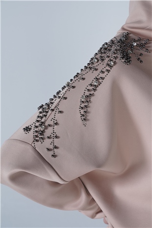 Omuz Taş İşlemeli Yüksek Yaka Diamond Tunik Vizon