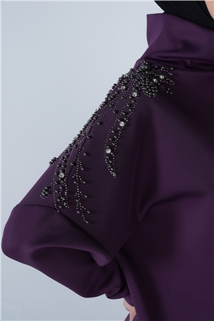 Omuz Taş İşlemeli Yüksek Yaka Diamond Tunik Mor