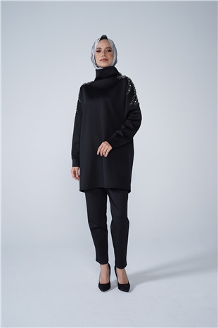 Omuz Taş İşlemeli Yüksek Yaka Diamond Tunik Siyah