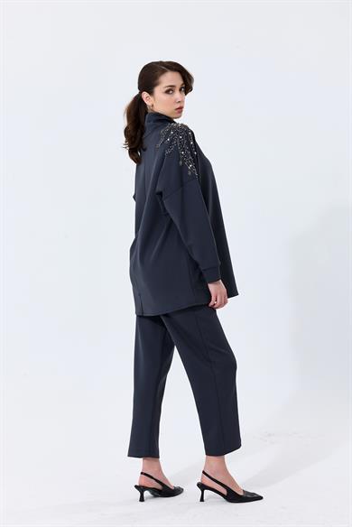 Omuz Taş İşlemeli Yüksek Yaka Diamond Tunik Antrasit