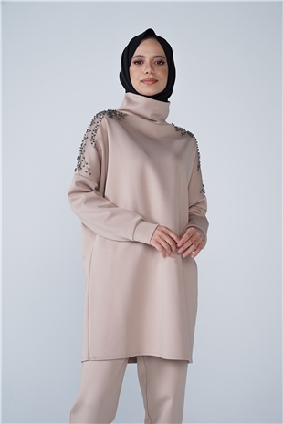 Omuz Taş İşlemeli Yüksek Yaka Diamond Tunik Vizon