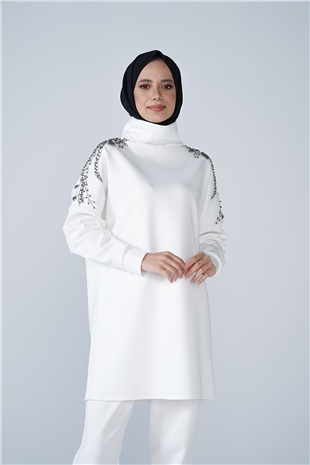 Omuz Taş İşlemeli Yüksek Yaka Diamond Tunik Beyaz
