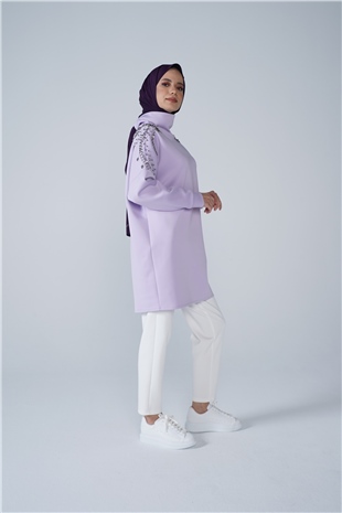 Omuz Taş İşlemeli Yüksek Yaka Diamond Tunik Lila