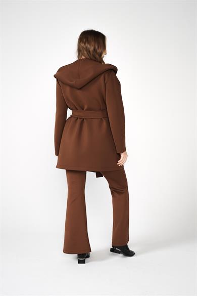 Puf Kap Ceketli Kapüşonlu Scuba Kumaş Üçlü Susi Takım Kahve