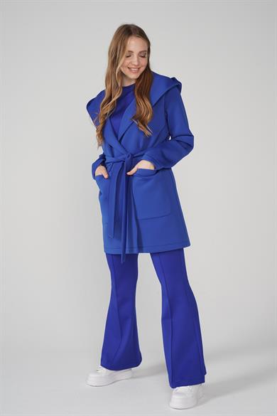 Puf Kap Ceketli Kapüşonlu Scuba Kumaş Üçlü Susi Takım Mavi