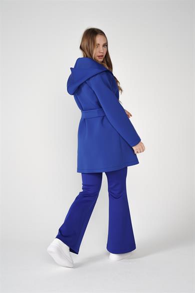 Puf Kap Ceketli Kapüşonlu Scuba Kumaş Üçlü Susi Takım Mavi