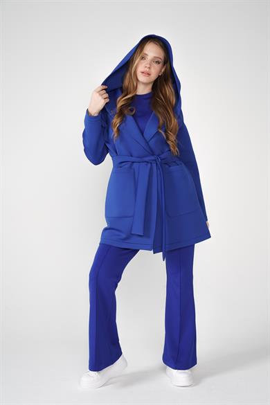 Puf Kap Ceketli Kapüşonlu Scuba Kumaş Üçlü Susi Takım Mavi