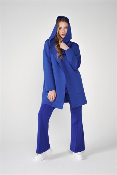 Puf Kap Ceketli Kapüşonlu Scuba Kumaş Üçlü Susi Takım Mavi