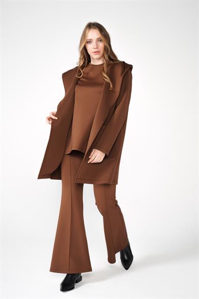 Puf Kap Ceketli Kapüşonlu Scuba Kumaş Üçlü Susi Takım Kahve