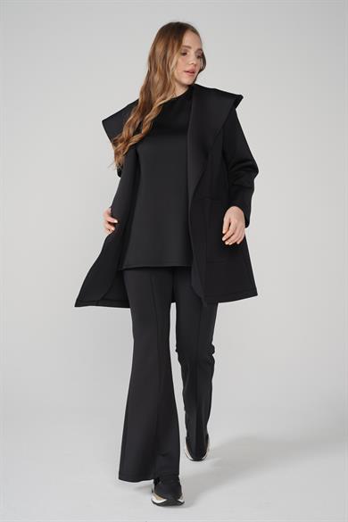 Puf Kap Ceketli Kapüşonlu Scuba Kumaş Üçlü Susi Takım Siyah