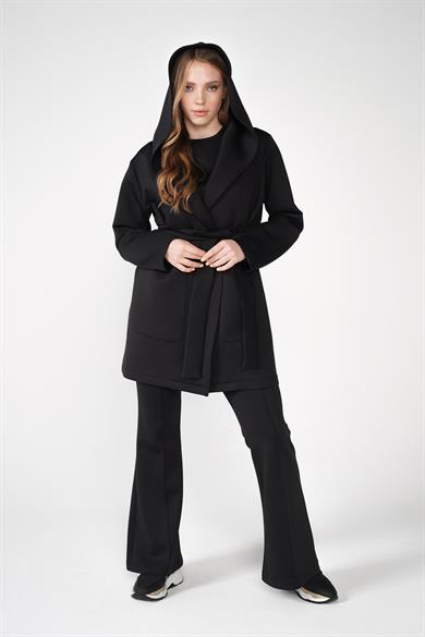 Puf Kap Ceketli Kapüşonlu Scuba Kumaş Üçlü Susi Takım Siyah