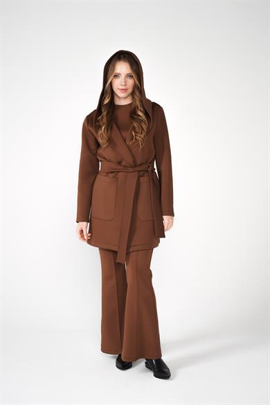 Puf Kap Ceketli Kapüşonlu Scuba Kumaş Üçlü Susi Takım Kahve