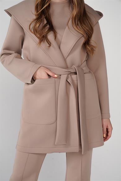 Puf Kap Ceketli Kapüşonlu Scuba Kumaş Üçlü Susi Takım Vizon