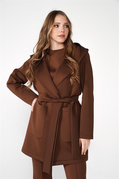 Puf Kap Ceketli Kapüşonlu Scuba Kumaş Üçlü Susi Takım Kahve