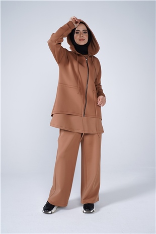 Puf Kumaş Kapşonlu Fermuar Ve Büzgü Detaylı Kap Taba