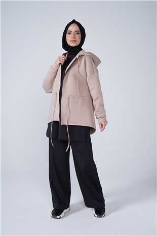 Puf Kumaş Kapşonlu Fermuar Ve Büzgü Detaylı Kap Vizon