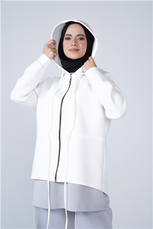 Puf Kumaş Kapşonlu Fermuar Ve Büzgü Detaylı Kap Beyaz