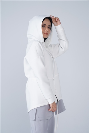 Puf Kumaş Kapşonlu Fermuar Ve Büzgü Detaylı Kap Beyaz