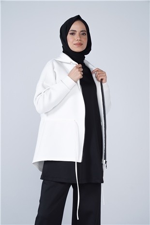 Puf Kumaş Kapşonlu Fermuar Ve Büzgü Detaylı Kap Beyaz