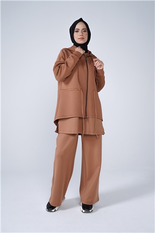 Puf Kumaş Kapşonlu Fermuar Ve Büzgü Detaylı Kap Taba