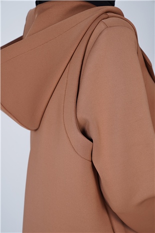 Puf Kumaş Kapşonlu Ve Cep Detaylı Süveter Taba