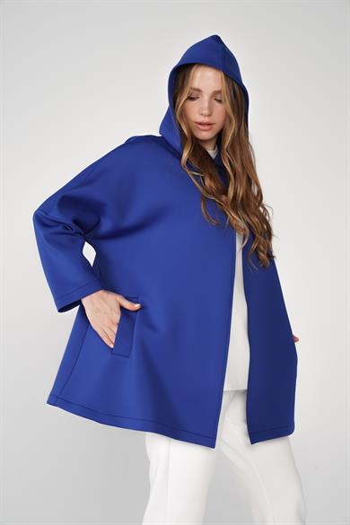 Puf Kumaş Kapüşonlu Cepli Yaka Çıtçıt Detaylı Nicole Kap Saks Mavi