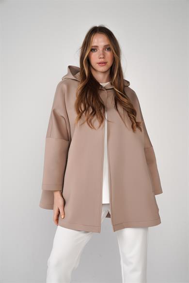 Puf Kumaş Kapüşonlu Cepli Yaka Çıtçıt Detaylı Nicole Kap Vizon