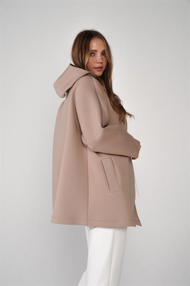 Puf Kumaş Kapüşonlu Cepli Yaka Çıtçıt Detaylı Nicole Kap Vizon