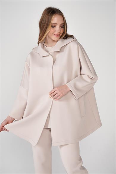 Puf Kumaş Kapüşonlu Cepli Yaka Çıtçıt Detaylı Nicole Kap Taş