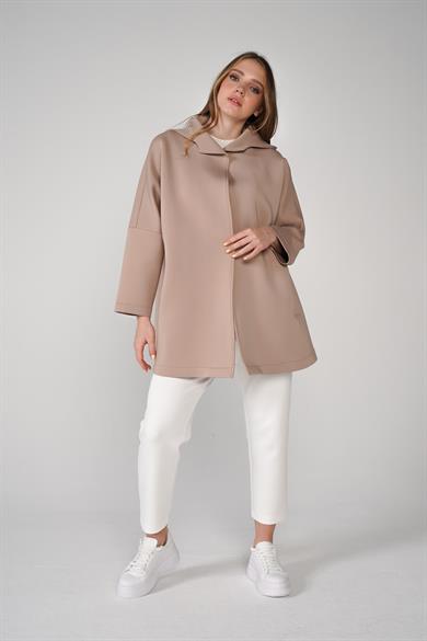 Puf Kumaş Kapüşonlu Cepli Yaka Çıtçıt Detaylı Nicole Kap Vizon