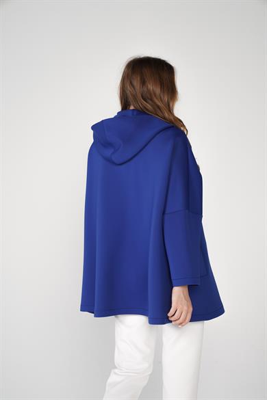 Puf Kumaş Kapüşonlu Cepli Yaka Çıtçıt Detaylı Nicole Kap Saks Mavi