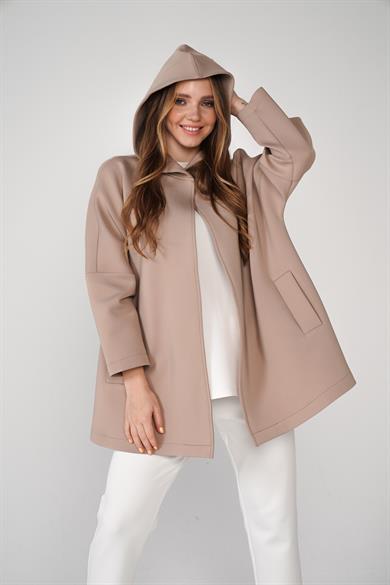 Puf Kumaş Kapüşonlu Cepli Yaka Çıtçıt Detaylı Nicole Kap Vizon